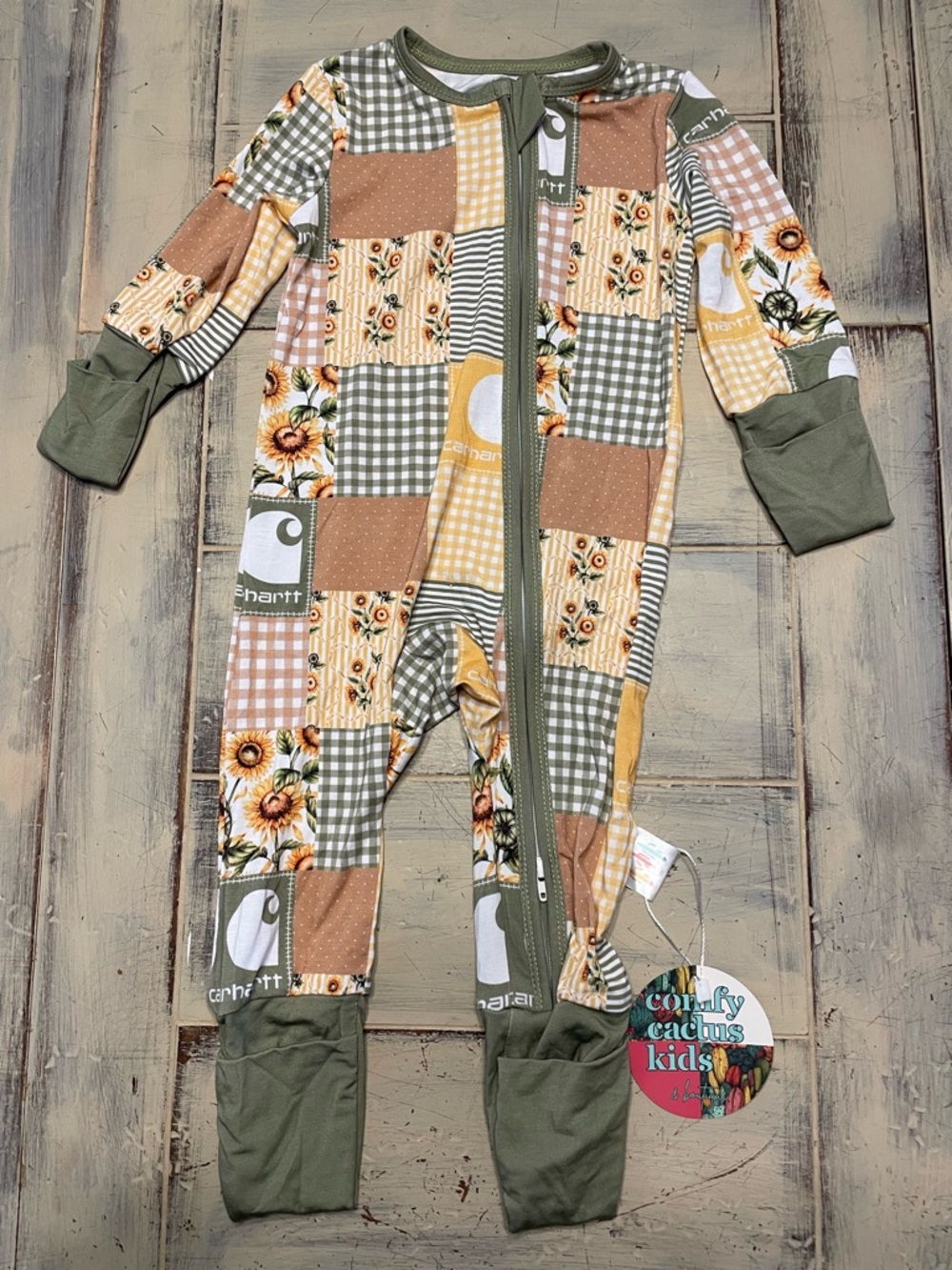 Carhartt Patchwork Sunflower Olive & Mustard Footed Romper